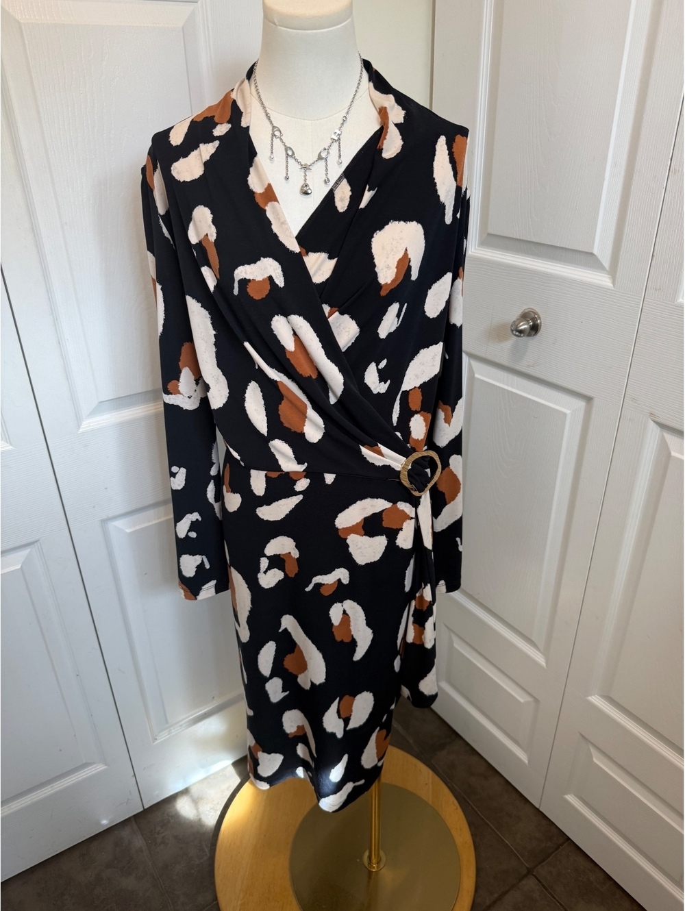 Joseph Ribkoff Black and Brown Animal Print Wrap Dress with Buckle